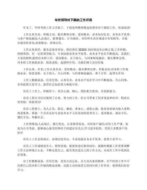 年终领导对下属的工作评语