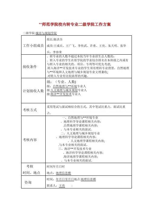 师范学院校内转专业二级学院工作方案