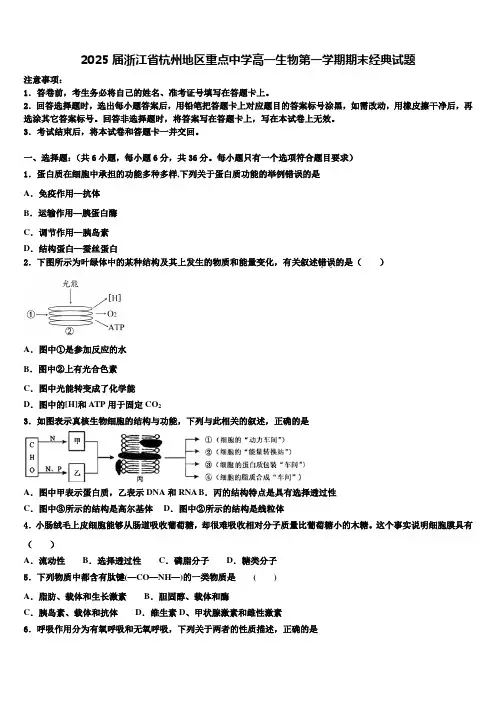 2025届浙江省杭州地区重点中学高一生物第一学期期末经典试题含解析