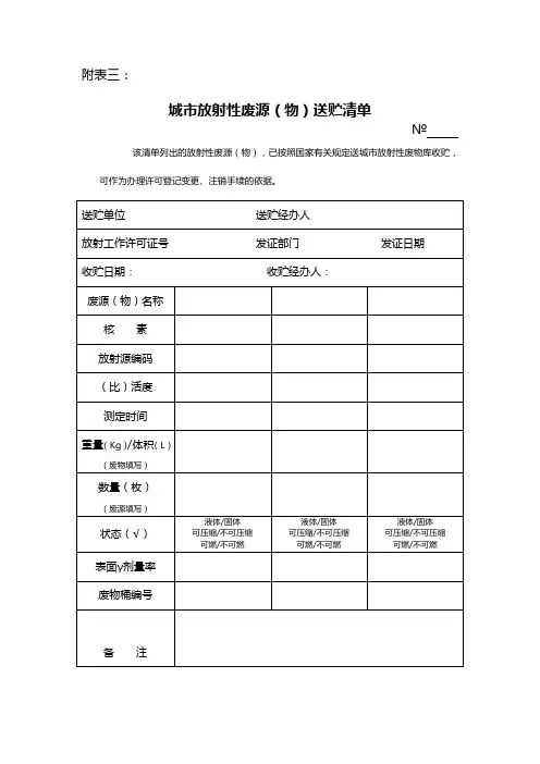 城市放射性废源(物)送贮清单