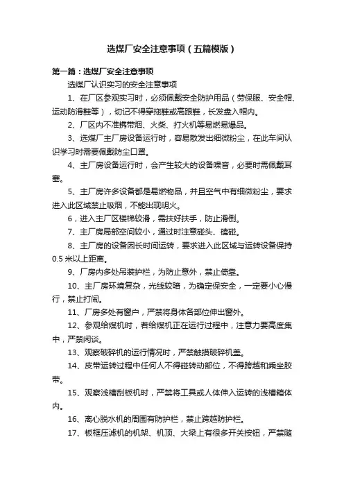 选煤厂安全注意事项（五篇模版）