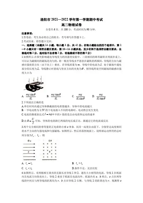 河南省洛阳市2021-2022学年高二上学期期中考试物理试题及答案