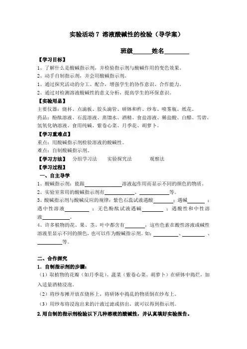 实验活动7溶液酸碱性的检验导学案九年级化学人教版下册
