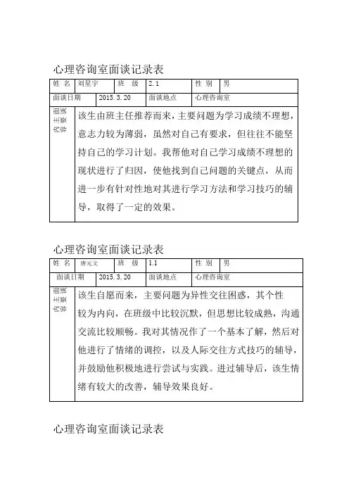 心理咨询室面谈记录表