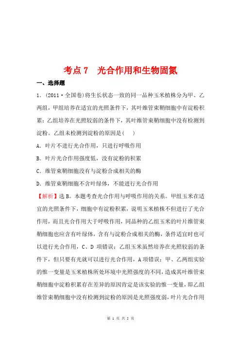 2011年高考生物试题(大纲版)分类汇编7 光合作用和生物固氮 Word版含解析