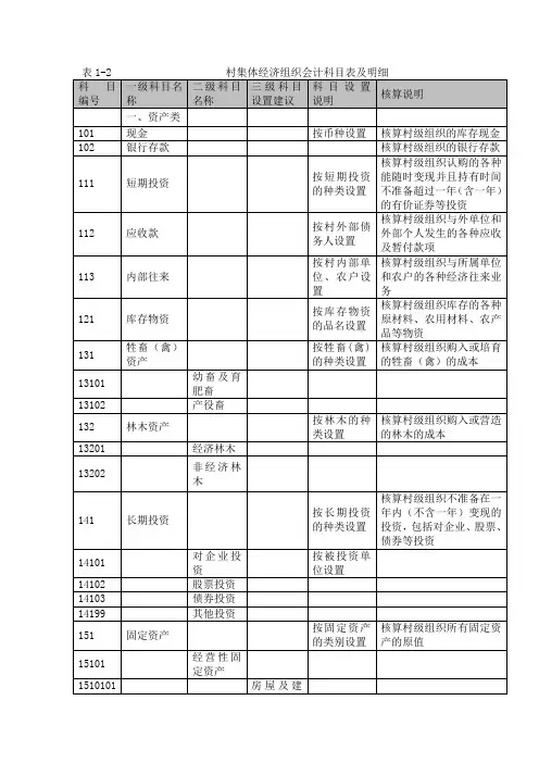 表村集体经济组织会计科目表及明细
