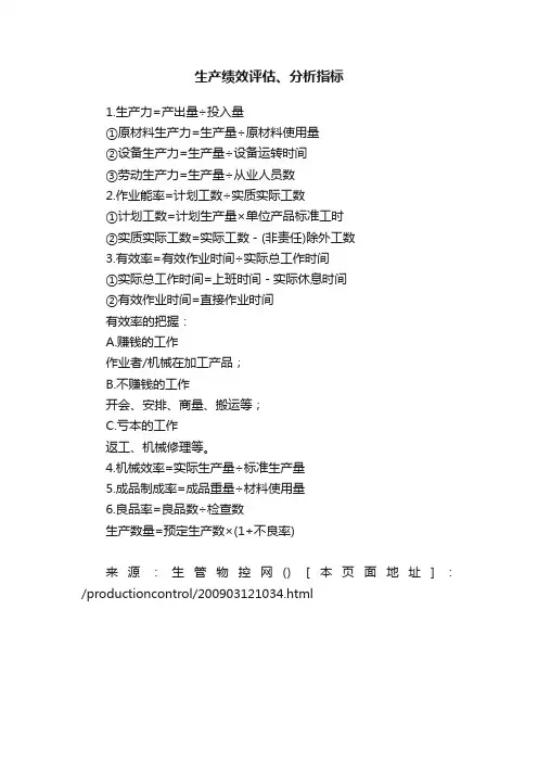 生产绩效评估、分析指标