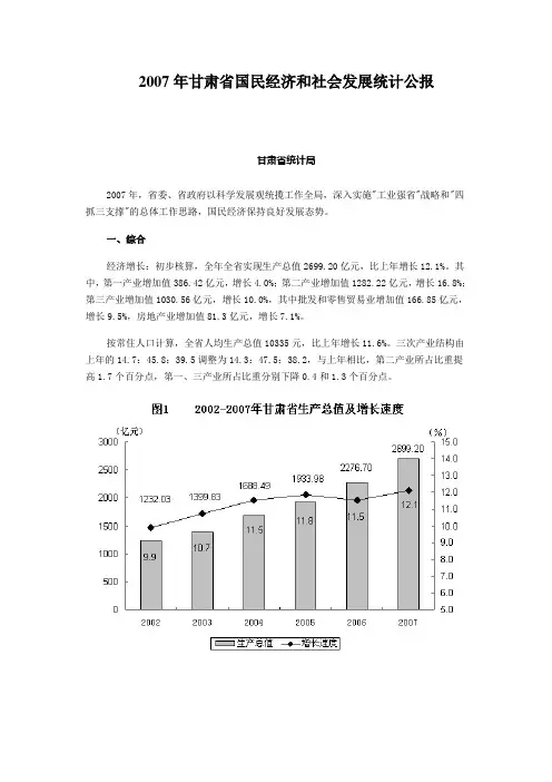 2007年甘肃省国民经济和社会发展统计公报