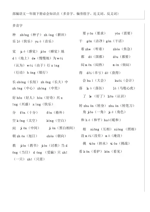 部编语文一年级下册必会知识点(多音字、偏旁组字、近义词、反义词)整理版