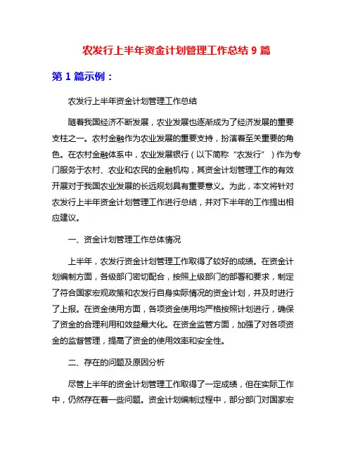 农发行上半年资金计划管理工作总结9篇
