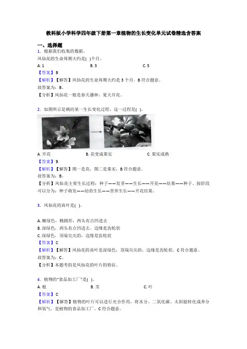 教科版小学科学四年级下册第一章植物的生长变化单元试卷精选含答案