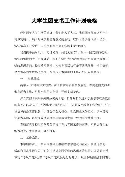 大学生团支书工作计划表格