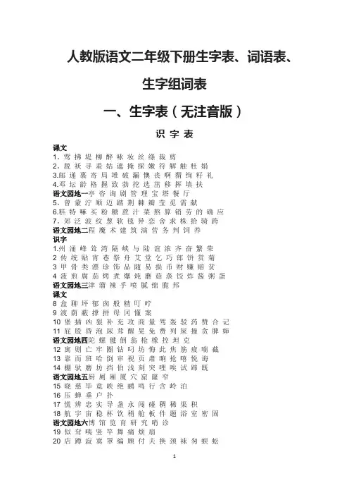 人教版语文二年级下册生字表、词语表、生字组词大全