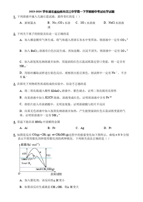 2023-2024学年湖北省仙桃市汉江中学高一下学期期中考试化学试题