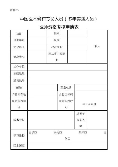 中医医术确有专长人员多年实践人员医师资格考核申请表