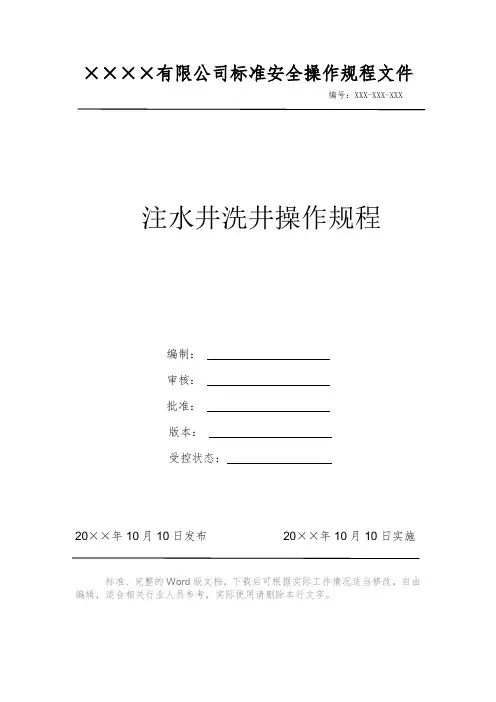 注水井洗井操作规程 安全操作规程系列文件 岗位作业指导书 岗位操作规程 