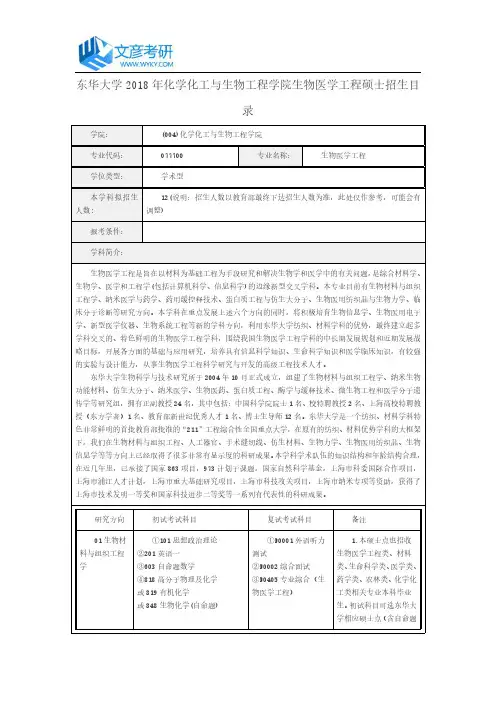 东华大学2018年化学化工与生物工程学院生物医学工程硕士招生目录_东华大学考研网