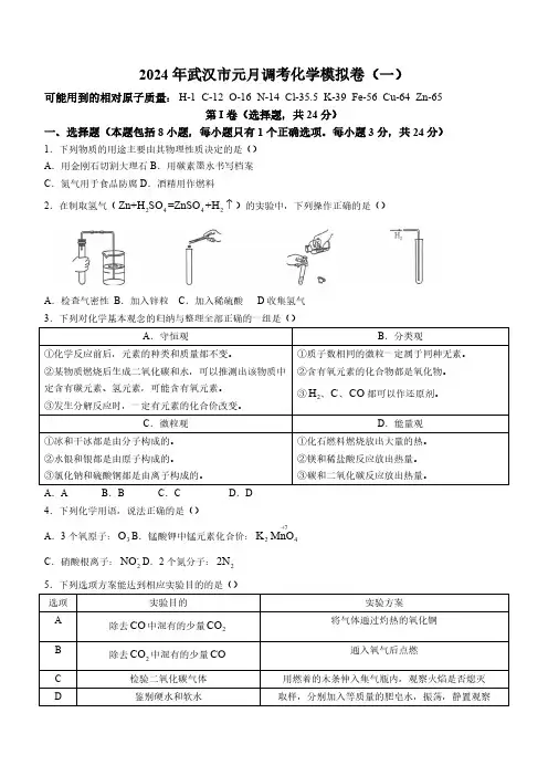 湖北省武汉市2023-2024学年元月调考模拟九年级化学试卷(一)(含答案)