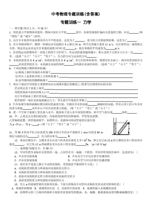 中考物理专题训练(含答案)专题训练一 力学等专项复习
