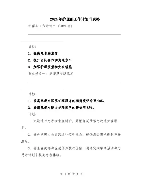 2024年护理部工作计划书表格