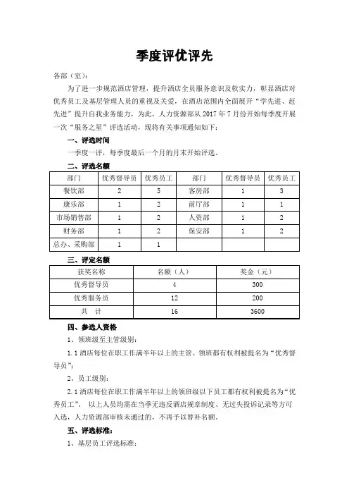 酒店季度评优评先方案