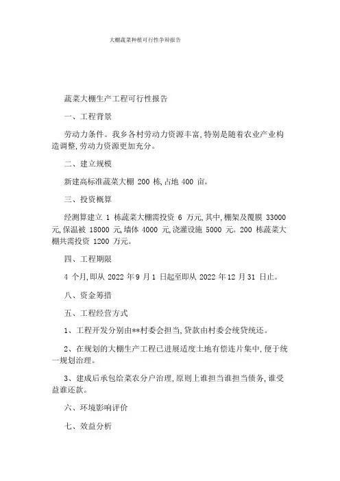 大棚蔬菜种植可行性研究报告