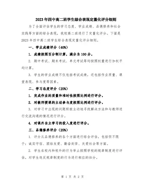 2023年四中高二班学生综合表现定量化评分细则