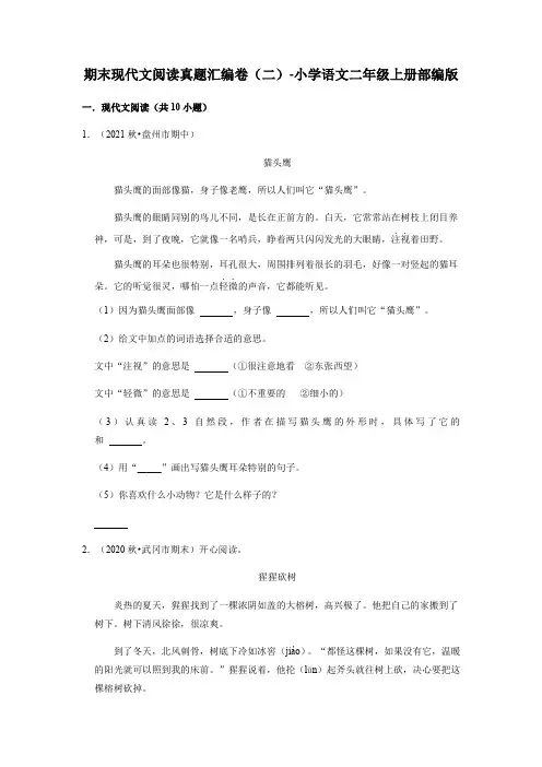 期末现代文阅读真题汇编卷(二)+-2022-2023学年语文二年级上册(部编版)