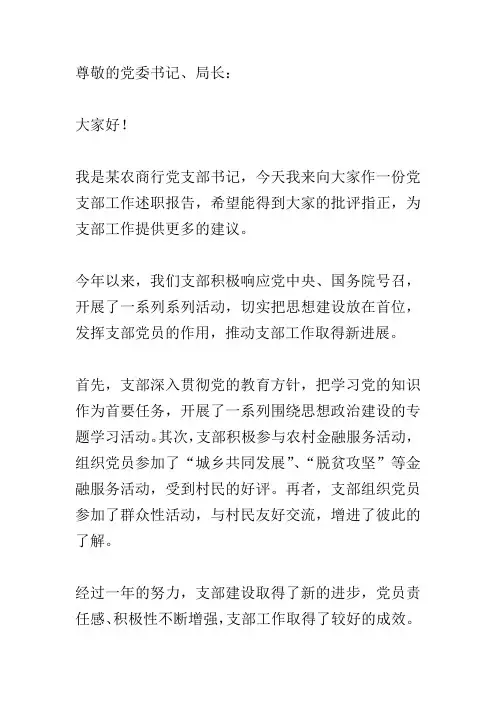 农商行党支部书记述职报告
