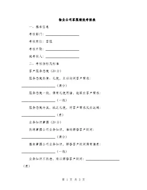 物业公司客服绩效考核表
