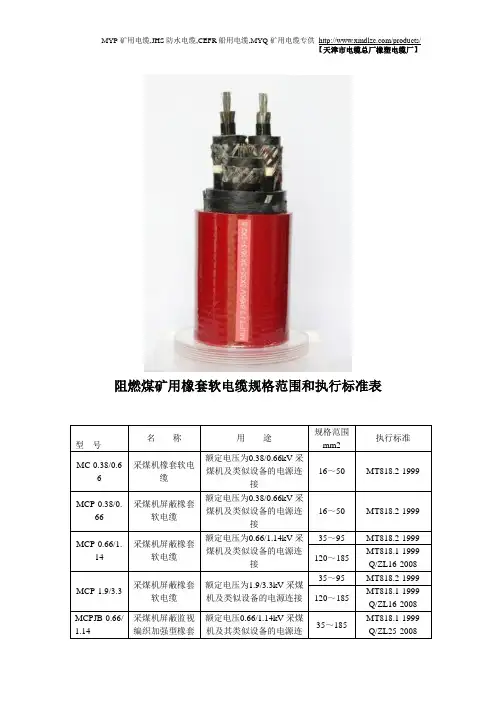 阻燃煤矿用橡套软电缆规格范围和执行标准表