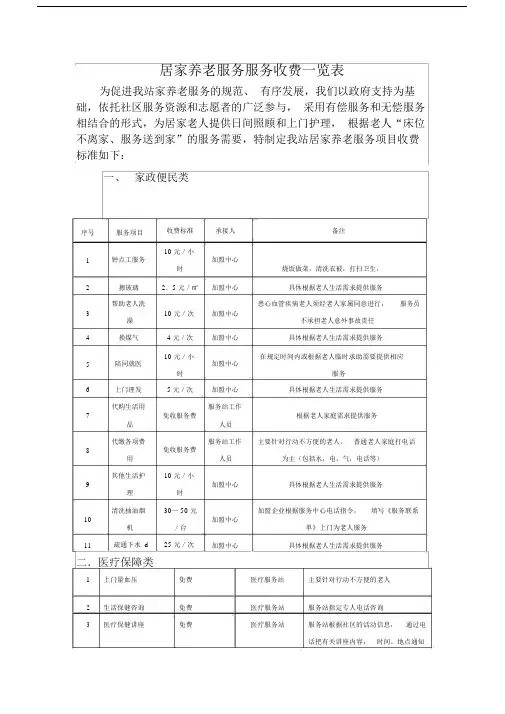 居家养老服务项目收费标准一览表.doc