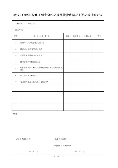单位(子单位)绿化工程安全和功能性检验资料及主要功能抽查记录