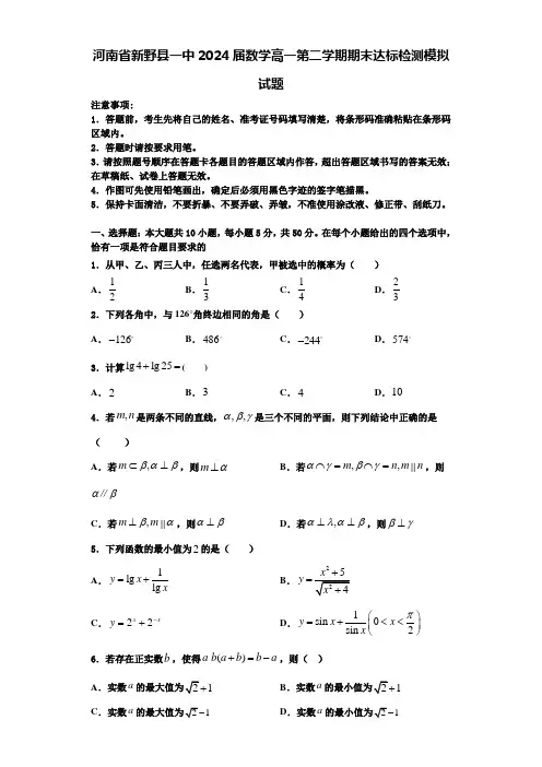 河南省新野县一中2024届数学高一第二学期期末达标检测模拟试题含解析
