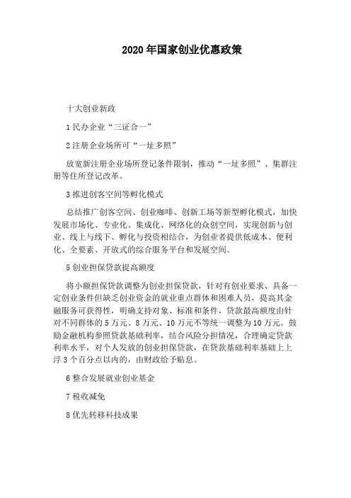 2020年国家创业优惠政策