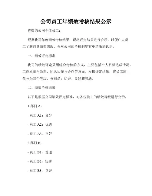 公司员工年绩效考核结果公示
