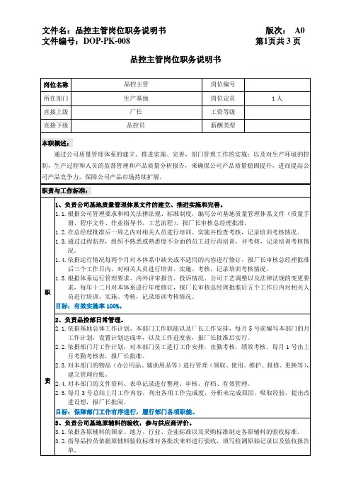 DOP-PK-008 品控主管岗位职务说明书