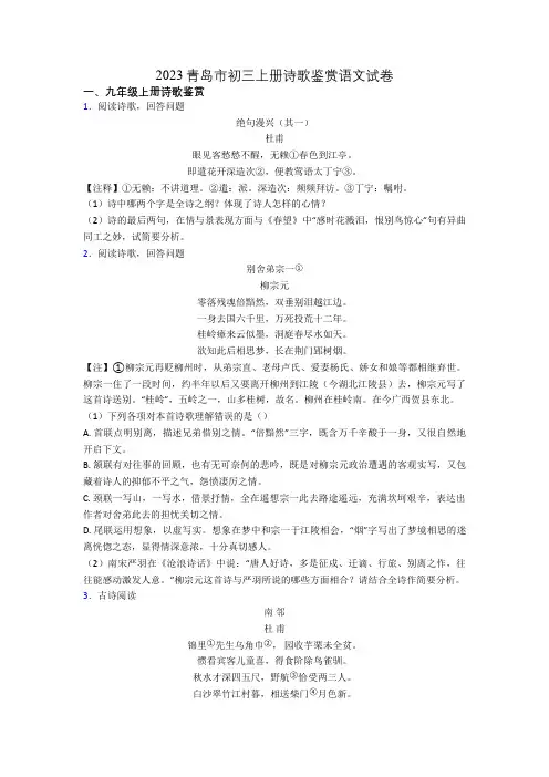 2023青岛市初三上册诗歌鉴赏语文试卷