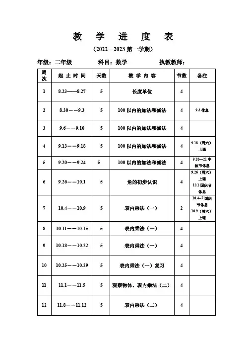 人教版2022-2023第一学期二年级上册数学教学进度表