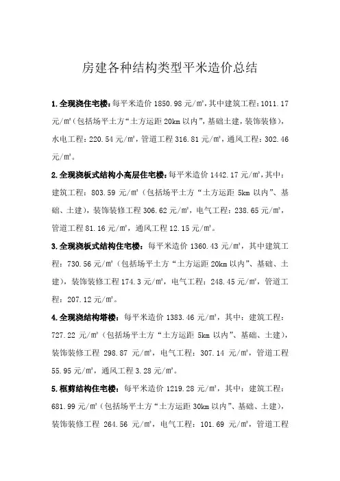 房建各种结构类型平米造价总结
