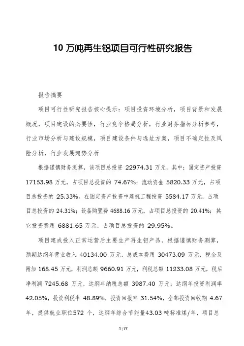 10万吨再生铝项目可行性研究报告( word 版)