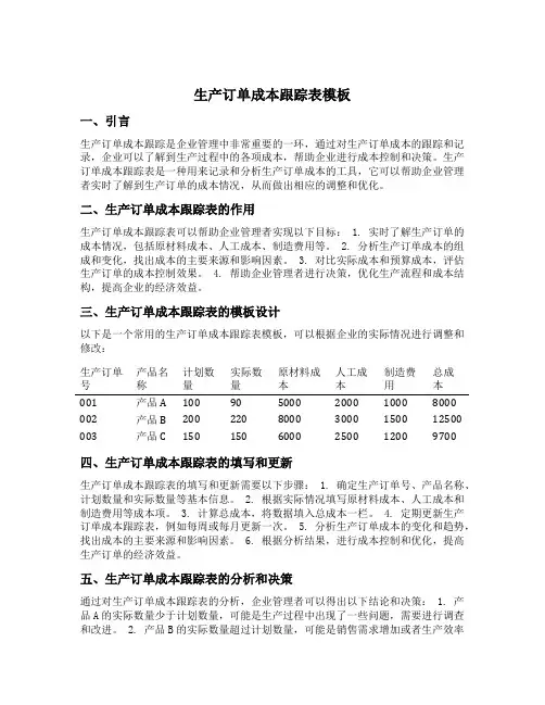 生产订单成本跟踪表模板