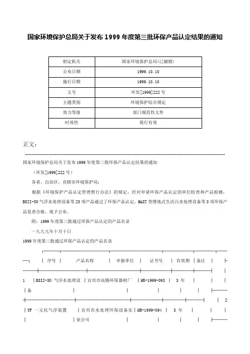 国家环境保护总局关于发布1999年度第三批环保产品认定结果的通知-环发[1999]222号
