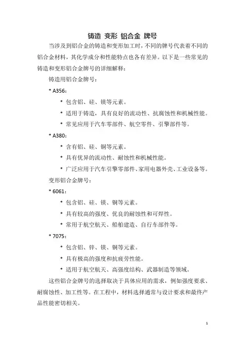 铸造 变形 铝合金 牌号