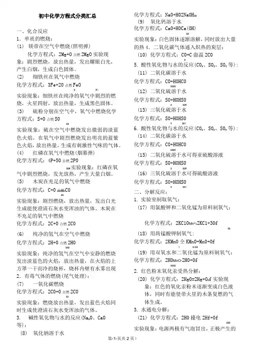 初中九上常考的化学方程式分类汇总