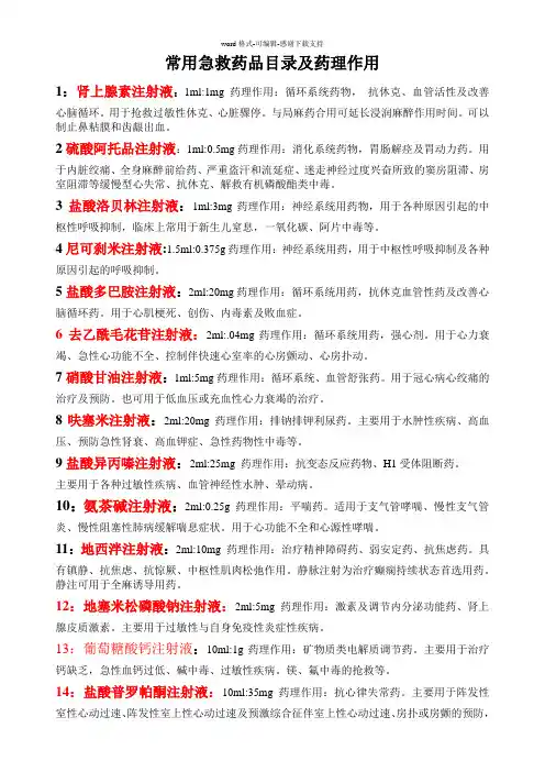常用急救药品目录及药理作用