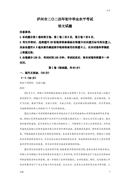 2024年四川省泸州市中考语文真题卷及答案解析