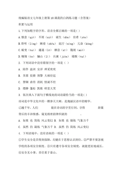 统编版语文七年级上册第18课我的白鸽练习题(含答案)