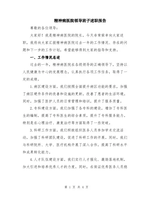 精神病医院领导班子述职报告