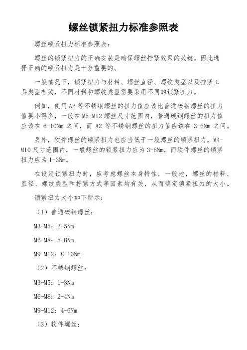 螺丝锁紧扭力标准参照表